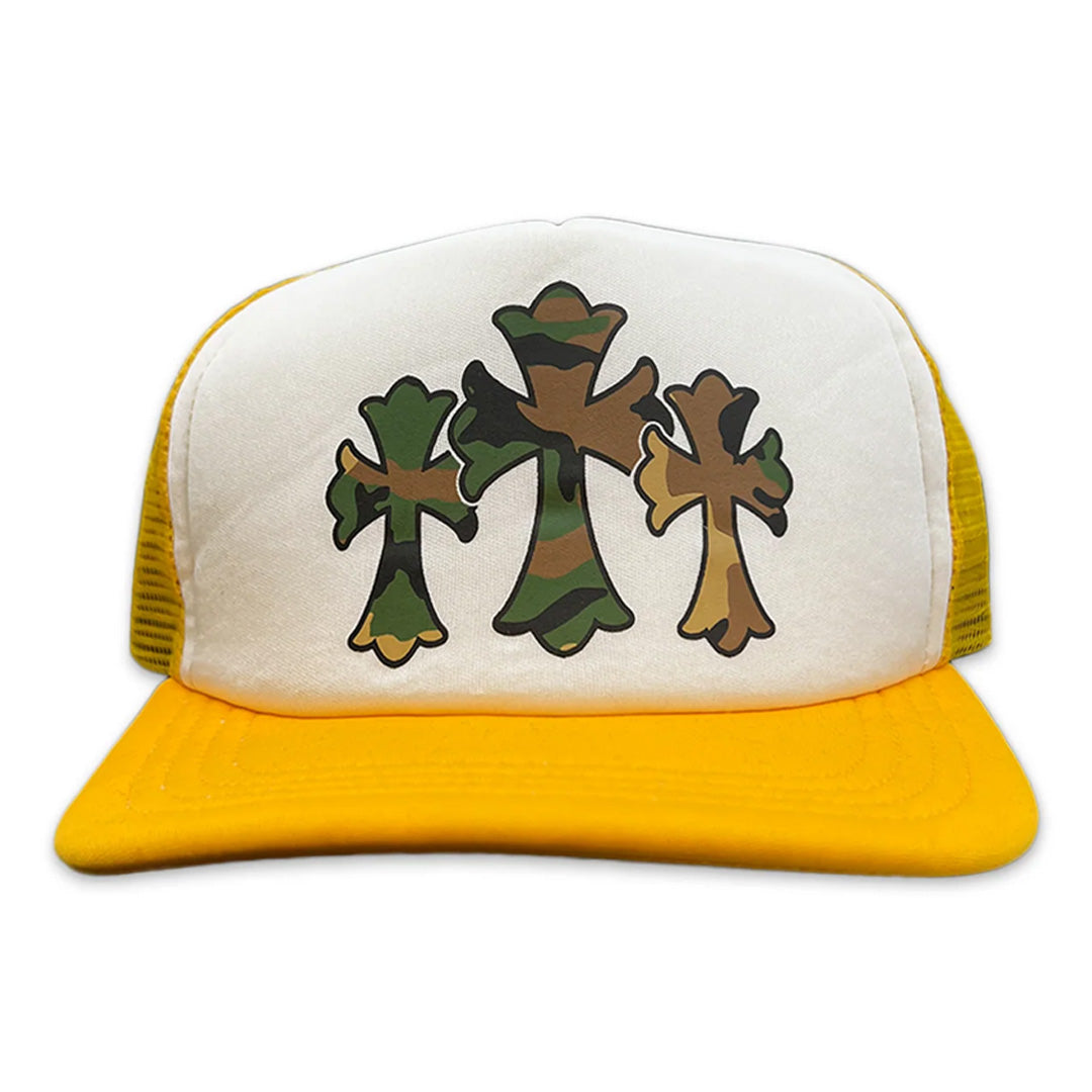 Chrome Hearts Camo Triple Cross Trucker Hat Yellow