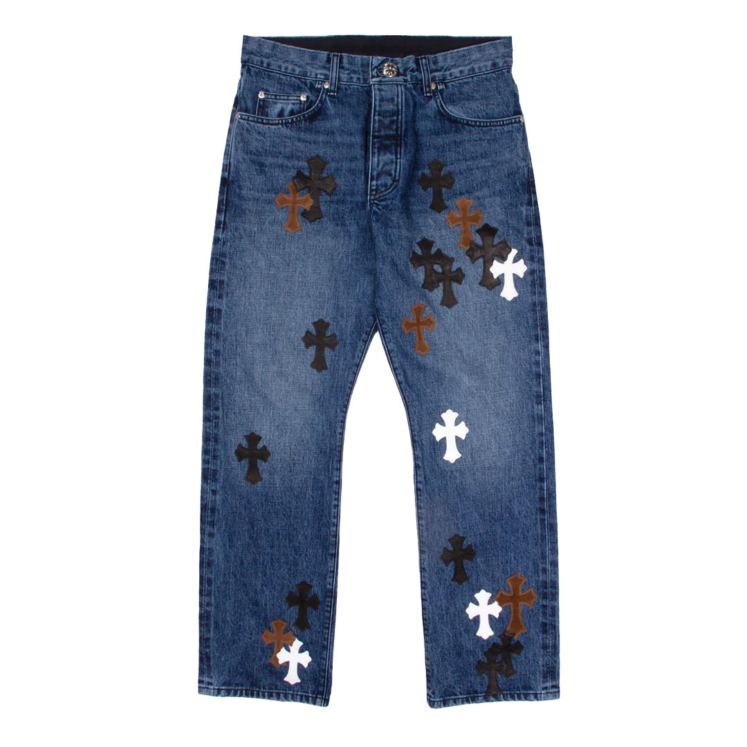 Chrome Hearts White/Brown/Black Cross Patch Jeans