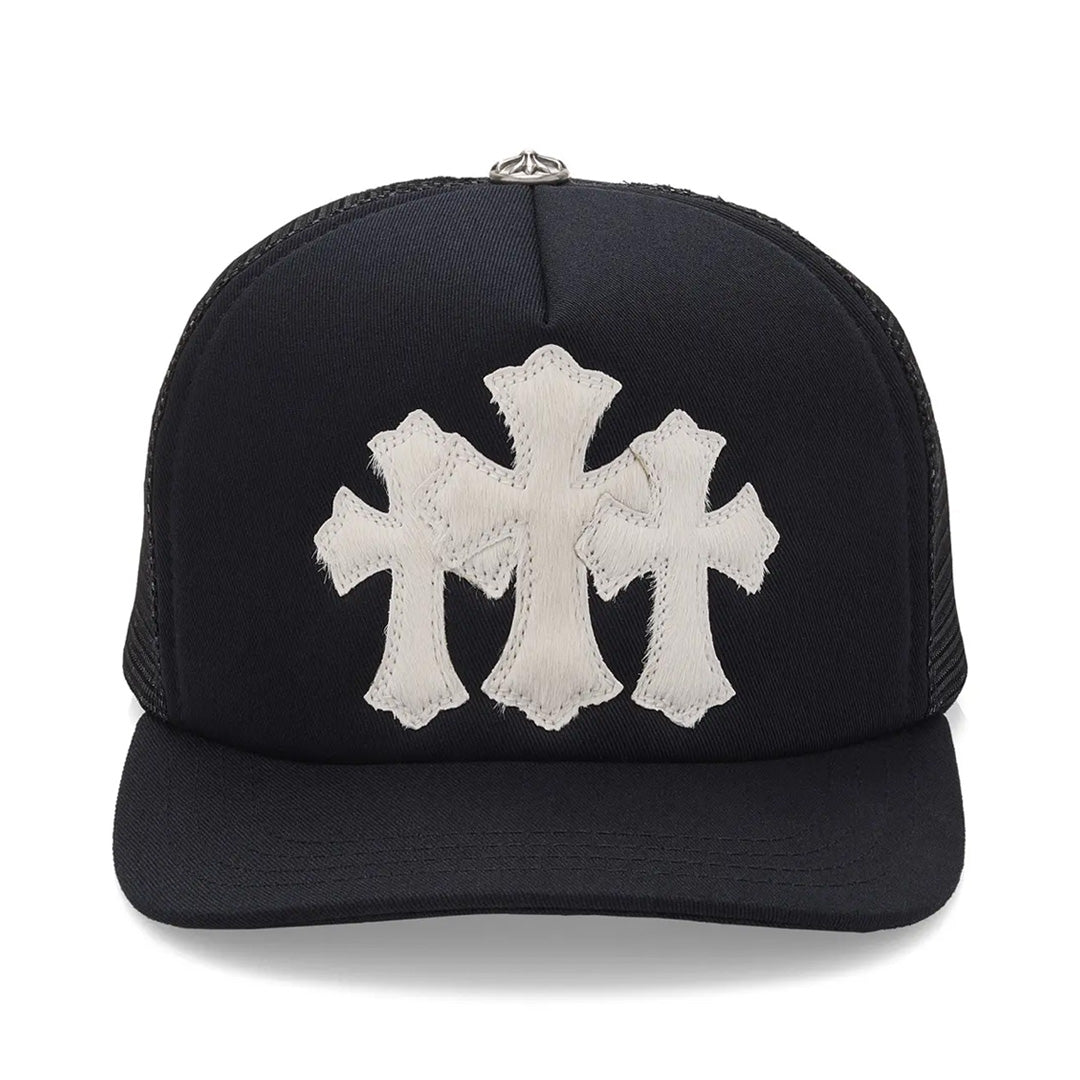 帽子 Triple white cross trucker hat Chrome Hearts Triple Cross Patch Pony Hair White Trucker Hat | Kenshi