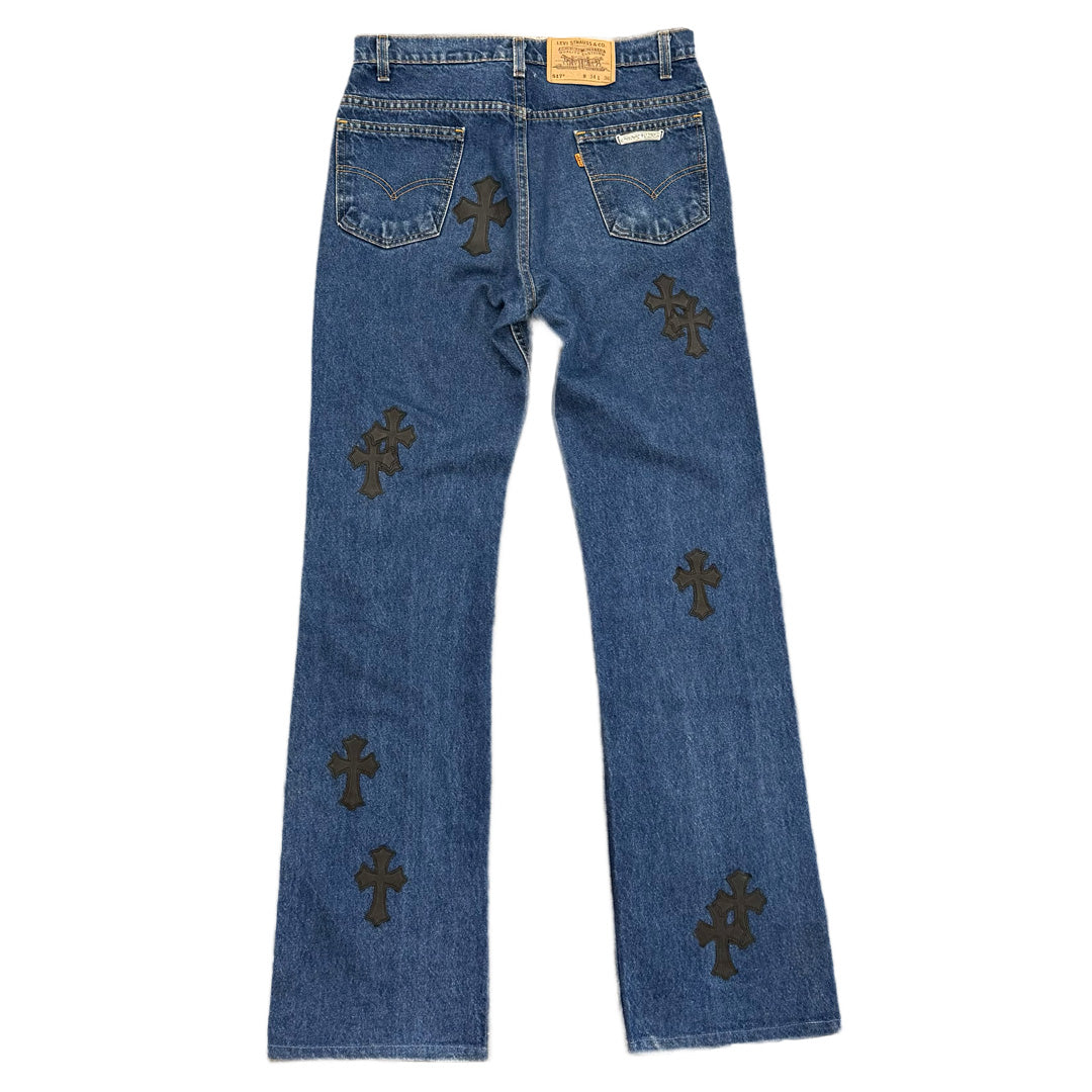 Chrome Hearts Blue Denim Black Cross Patch Jeans