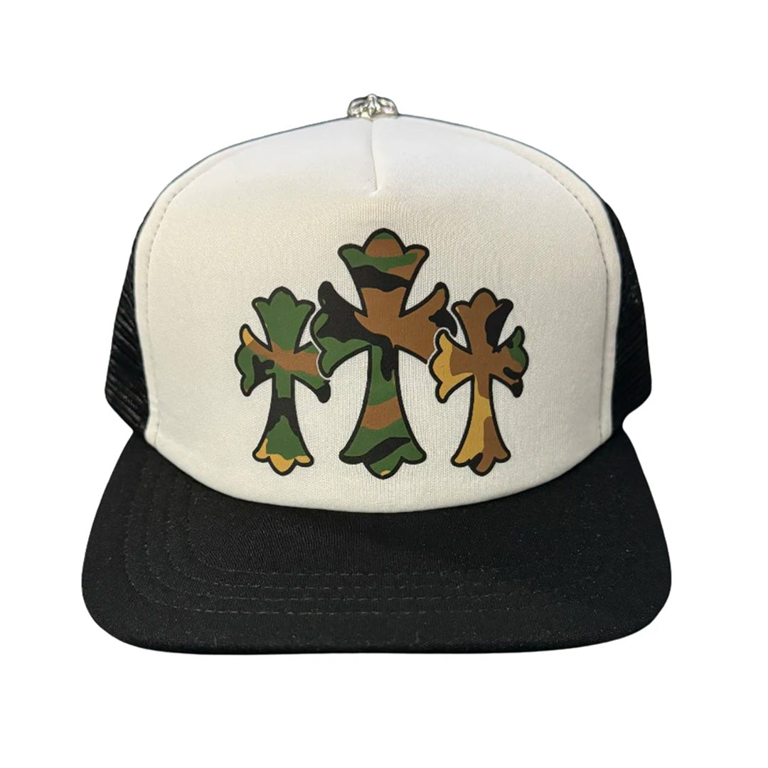 Chrome Hearts Camo Triple Cross Trucker Hat Black/White