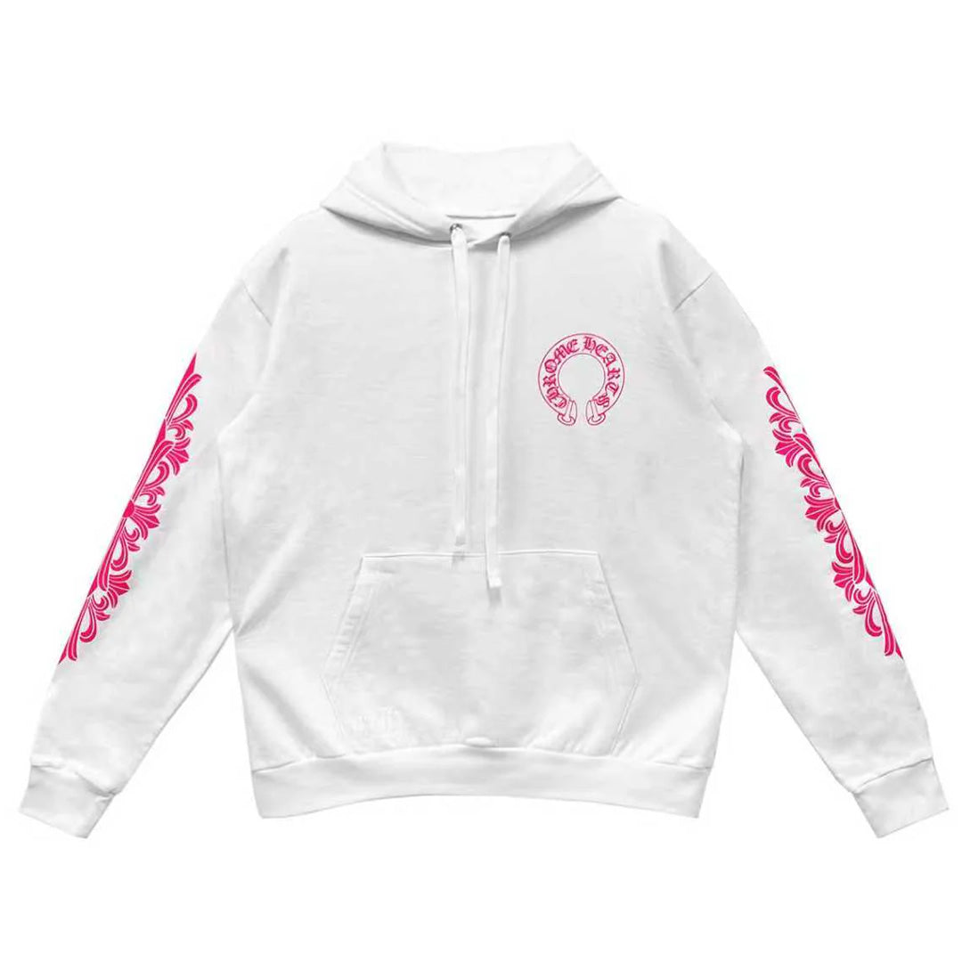 Chrome Hearts Pink White Horseshoe Floral Sleeve Pullover Hoodie