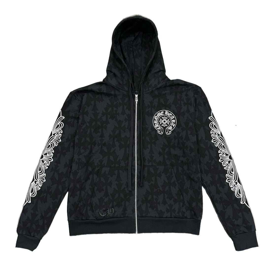 Chrome Hearts Cemetery Cross All Over Print Logo Zip Up Hoodie Black