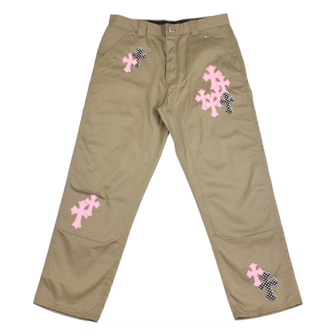 Chrome Hearts Pink Leather Cross Patch Carpenter Pants