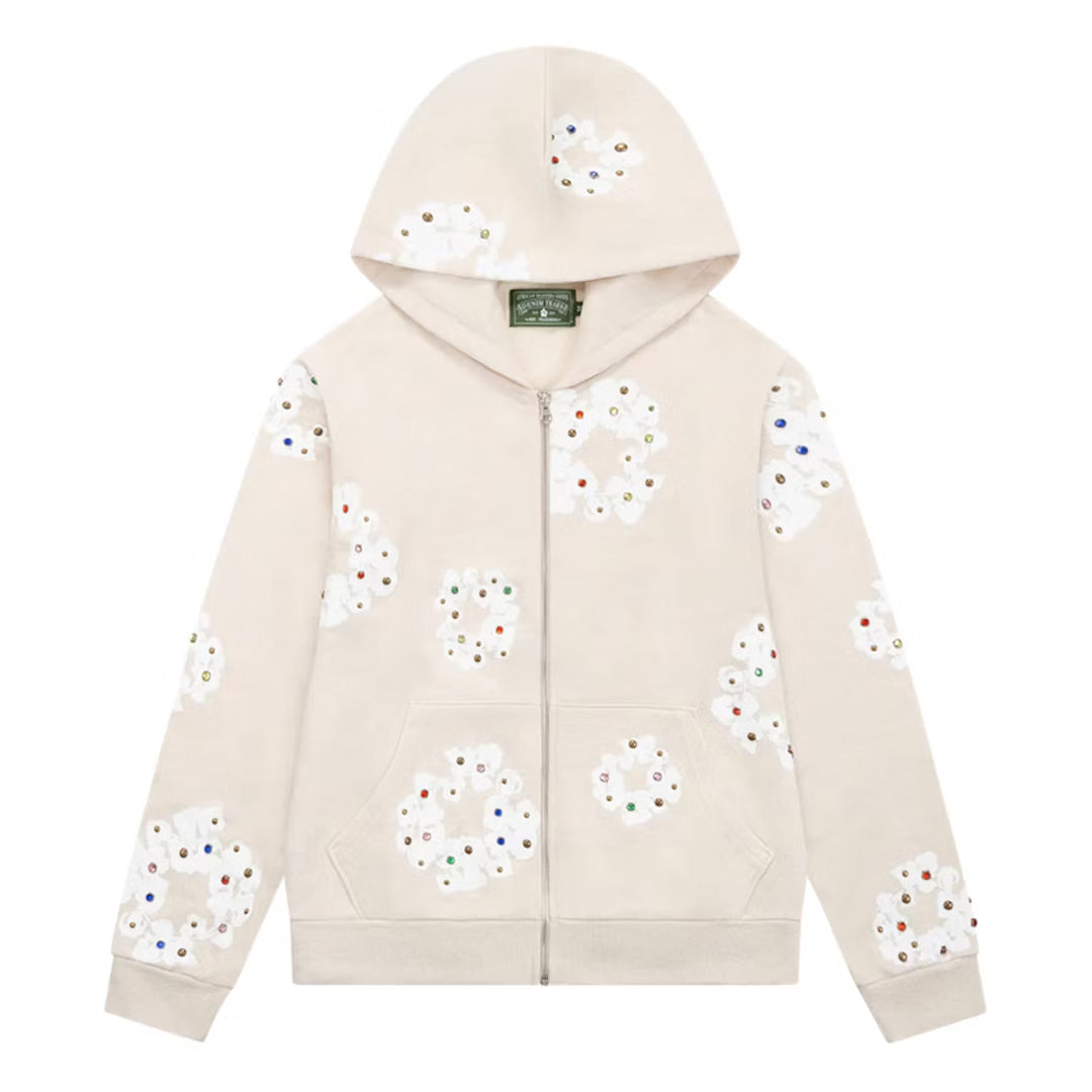 Denim Tears Rhinestone Cotton Wreath Zip Hoodie Oatmeal