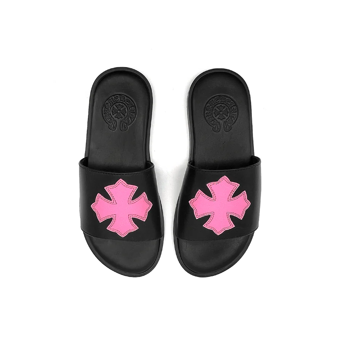 Chrome Hearts Women Patent Pink CH+ Patch Slide Black Leather