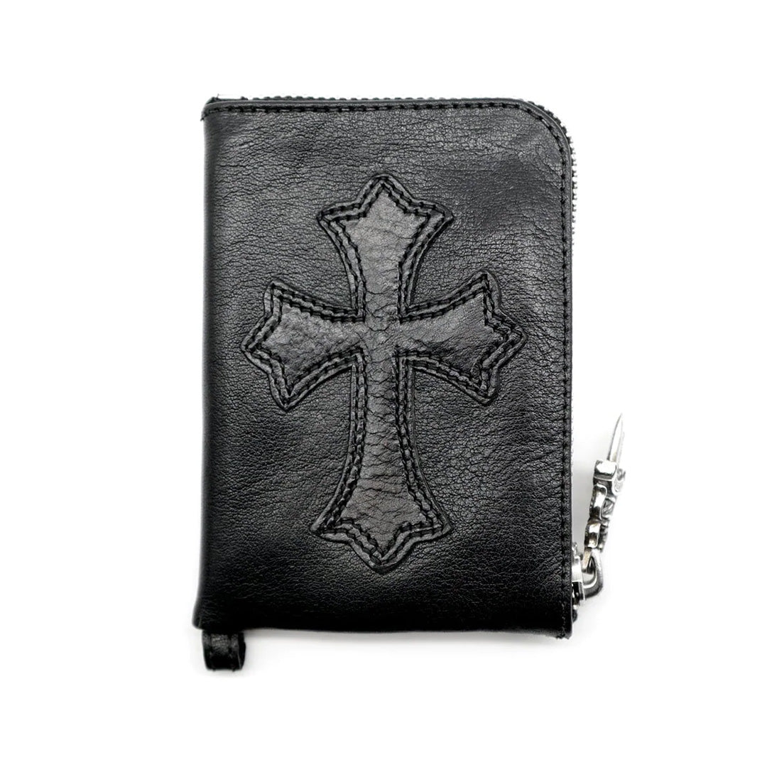 Chrome Hearts Black Leather Cross Patch Silver Scroll Zipper Wallet