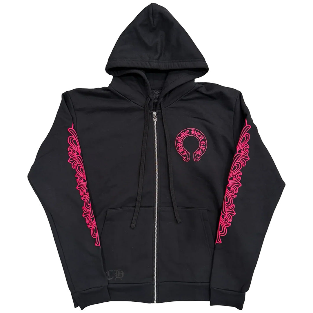 Chrome Hearts Floral Horseshoe Logo Zip Up Hoodie Black Pink