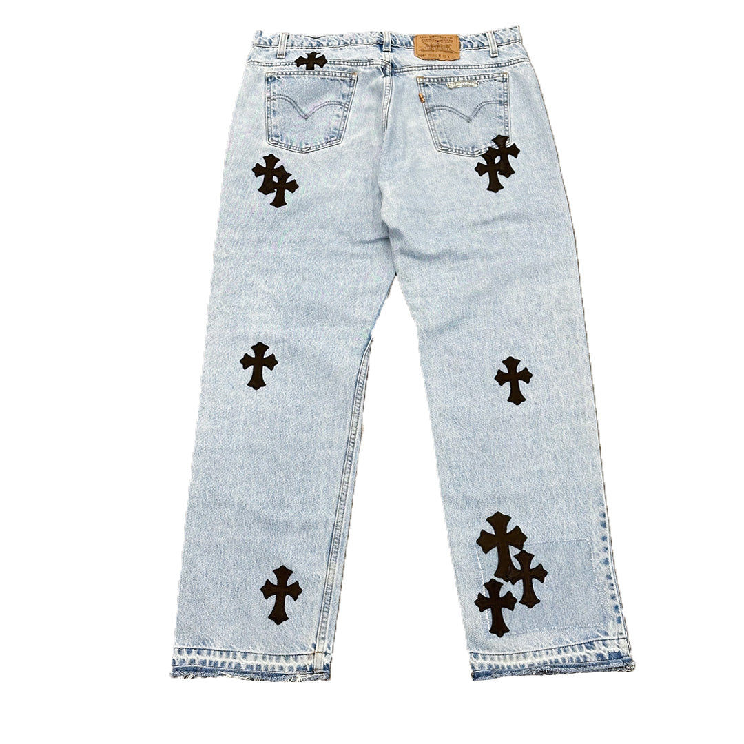 Chrome Hearts Black Patch Blue Denim Jeans