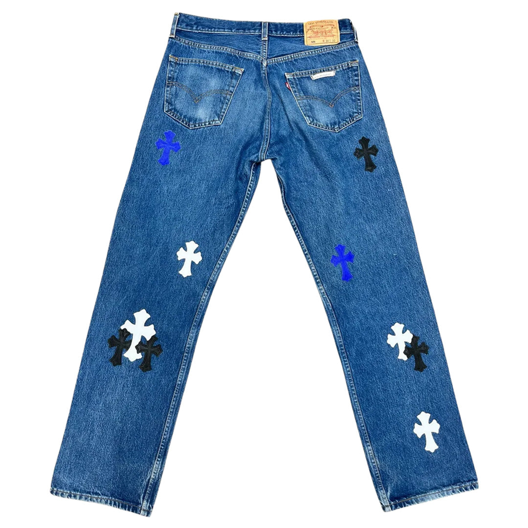 Chrome Hearts Levis 501 Cross Patch Pants Black Blue White