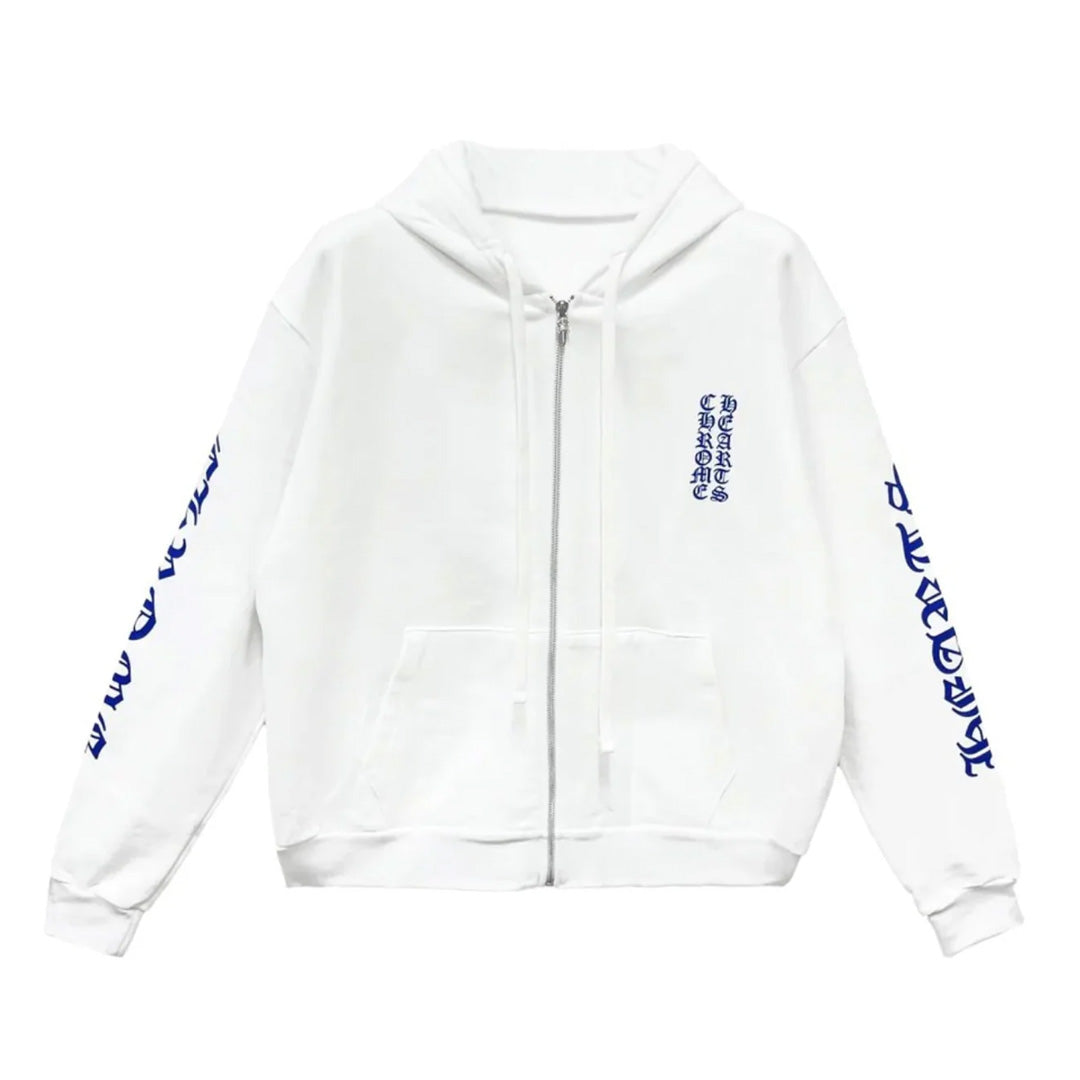 Chrome Hearts Vertical Logo Zip Up Hoodie White Blue