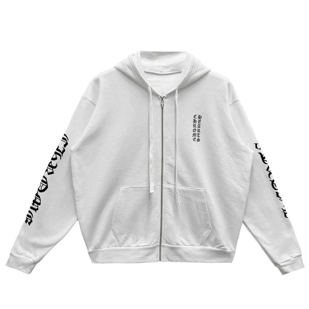 Chrome Hearts Vertical Logo Zip Up Hoodie White Black
