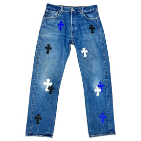 Chrome Hearts Levis 501 Cross Patch Pants Black Blue White