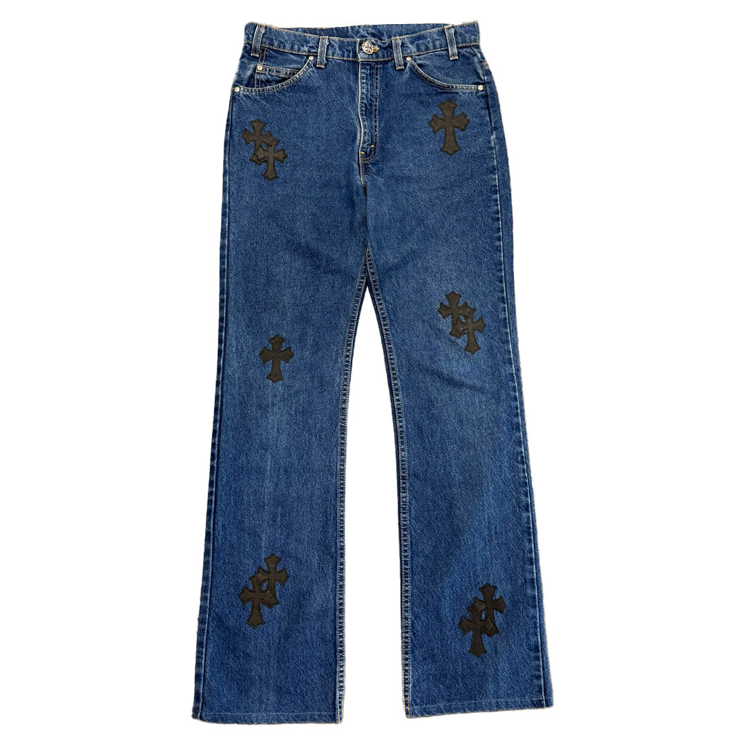 Chrome Hearts Blue Denim Black Cross Patch Jeans