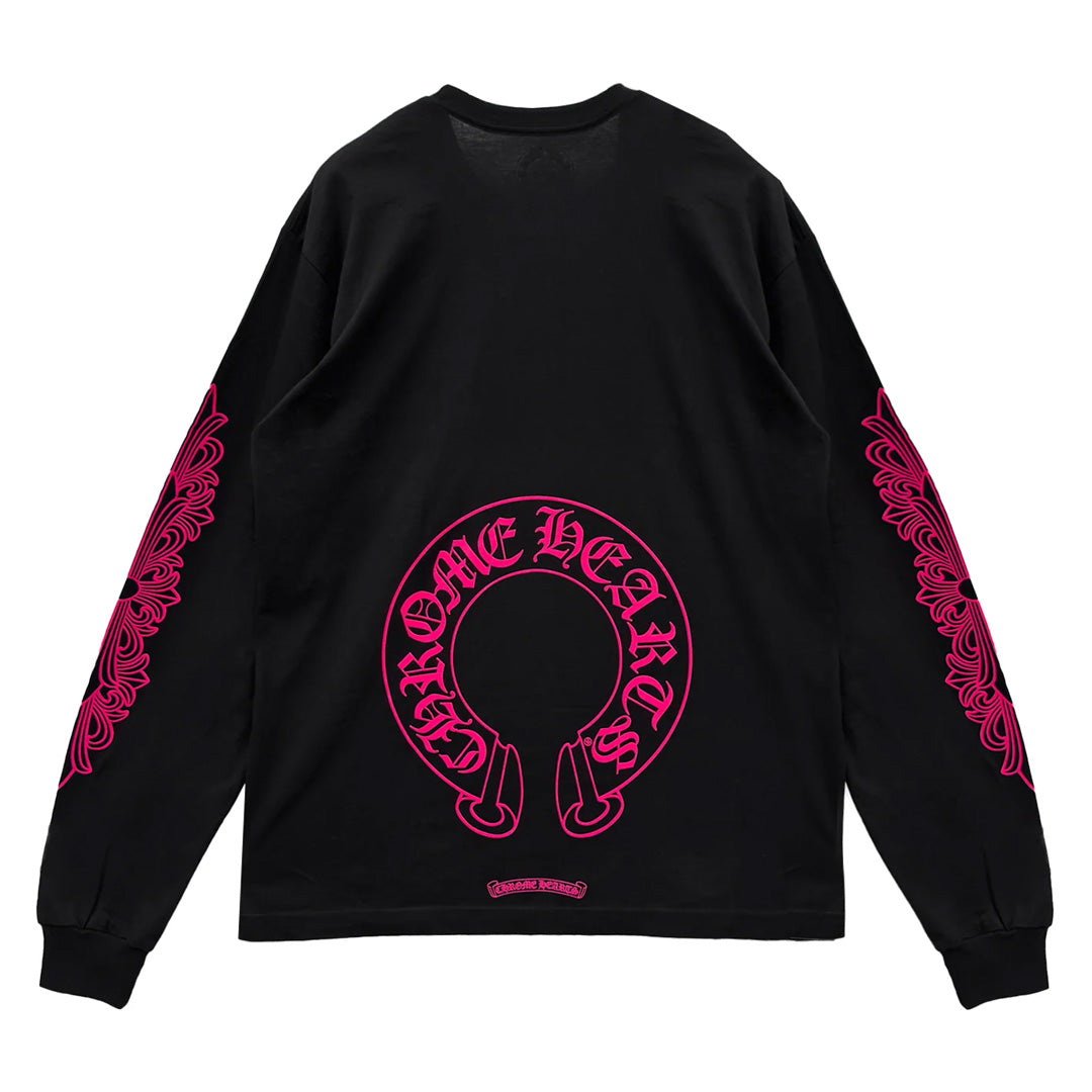 Chrome Hearts Pink Horseshoe Floral Long Sleeve T-Shirt Black