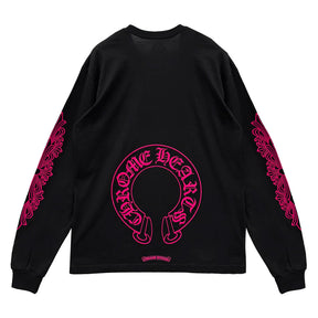 Chrome Hearts Pink Horseshoe Floral Long Sleeve T-Shirt Black