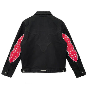 Chrome Hearts Red Floral Cross Leather Patch Black Denim Jacket