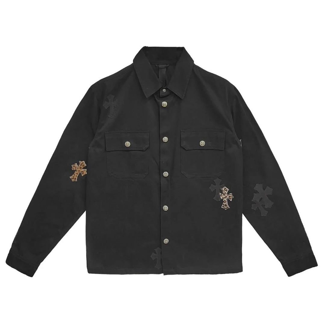 Chrome Hearts Cross Patch Work Dog Jacket Black Cheetah