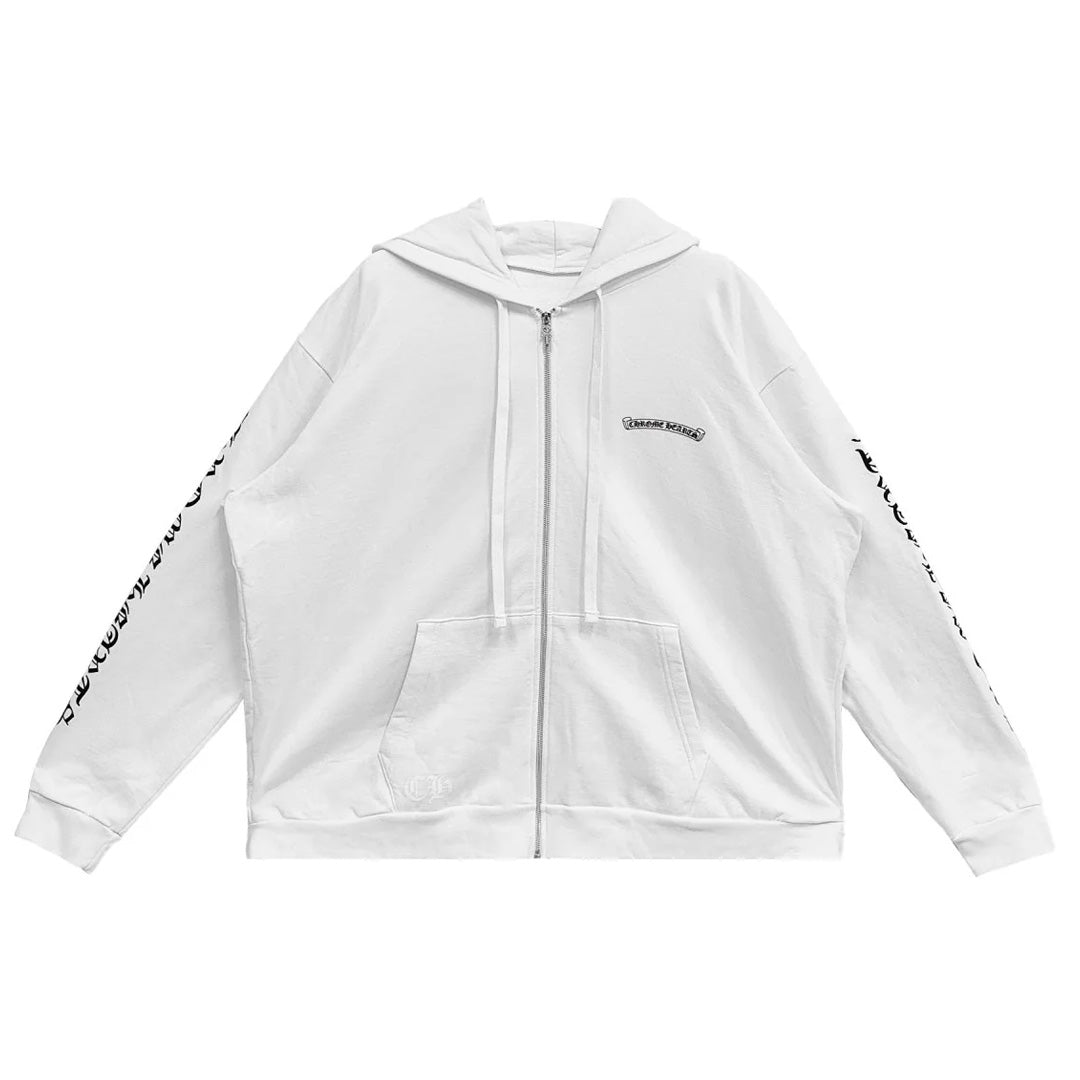 Chrome Hearts Scroll Logo Zip Up Hoodie White