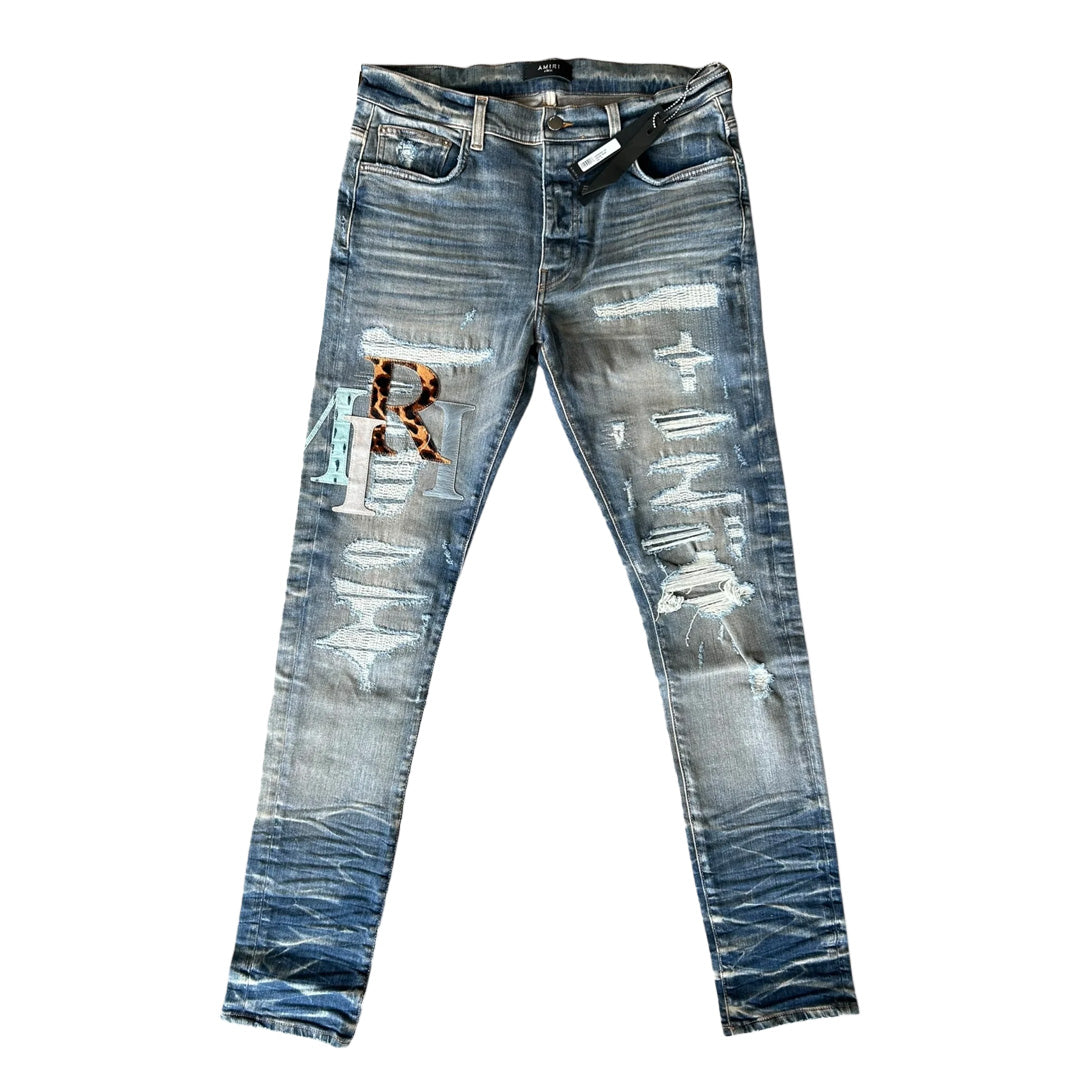 Amiri Leather Staggered Vintage Indigo Jeans