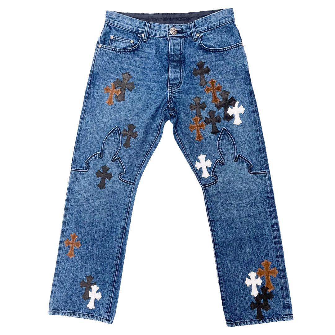 Chrome Hearts White/Brown/Black Cross Patch Fleur Jeans