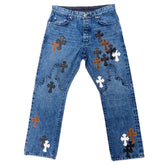 Chrome Hearts White/Brown/Black Cross Patch Fleur Jeans