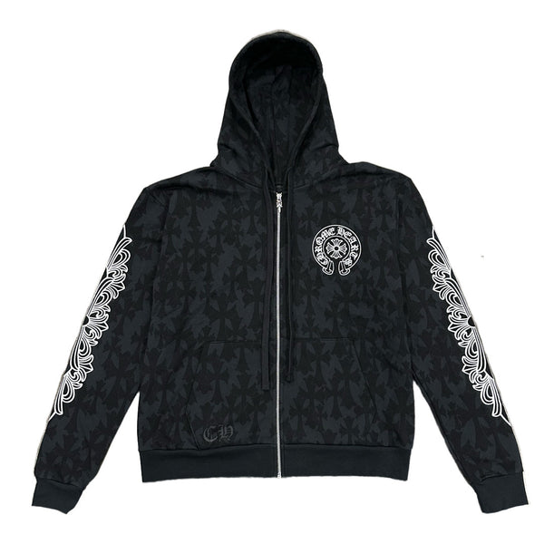 ❋Chrome Hearts ❋ Chrome Hearts Cemetery Cross All Over Print Logo Zip Up Hoodie