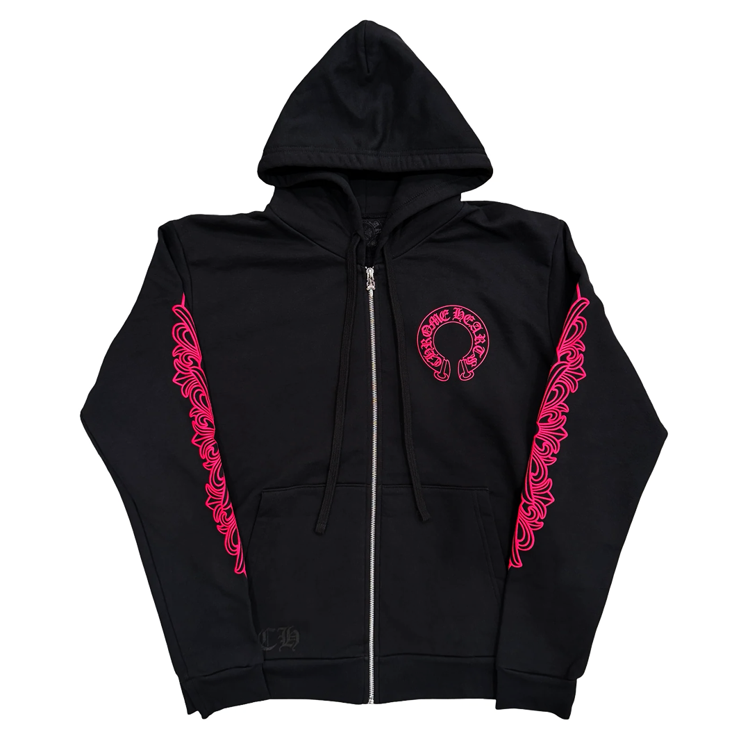 Chrome Hearts Floral Horseshoe Logo Zip Up Hoodie Black Pink