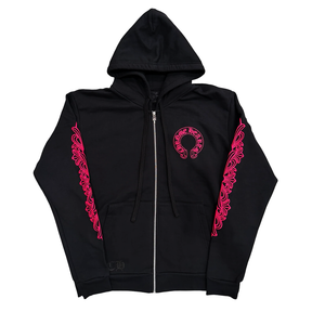 Chrome Hearts Floral Horseshoe Logo Zip Up Hoodie Black Pink