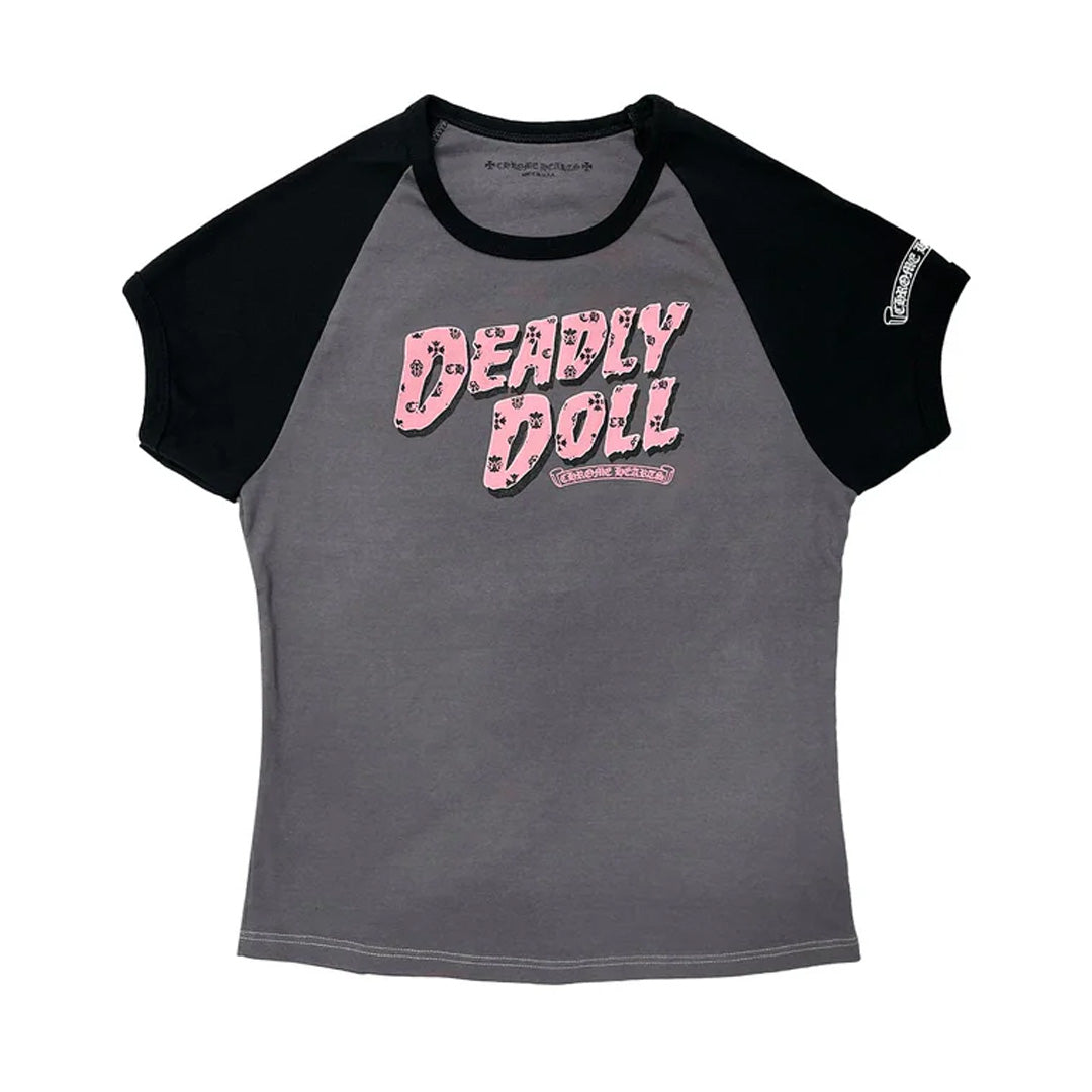 Deadly Doll Vine Heart Cropped Short Sleeve T-Shirt Grey (Womens)