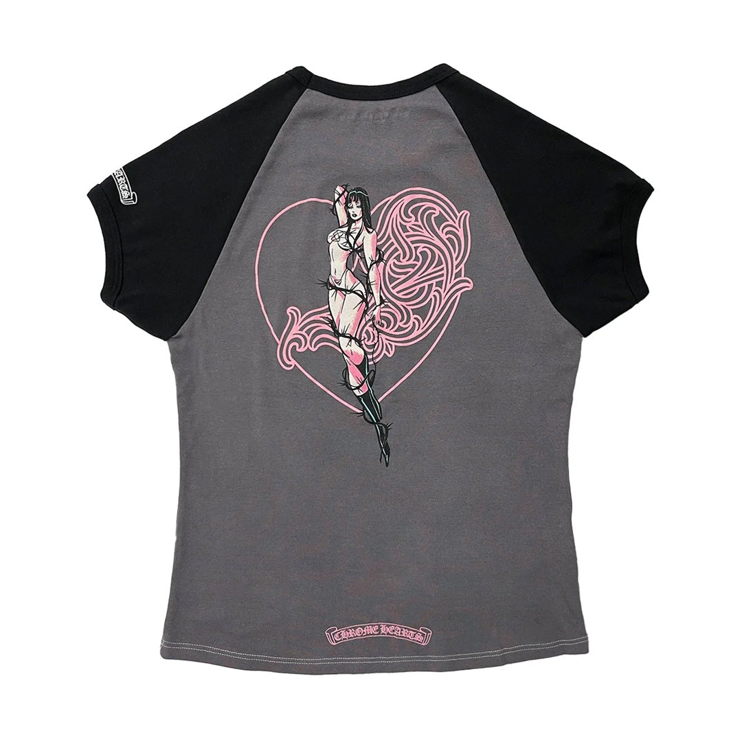 Deadly Doll Vine Heart Cropped Short Sleeve T-Shirt Grey (Womens)