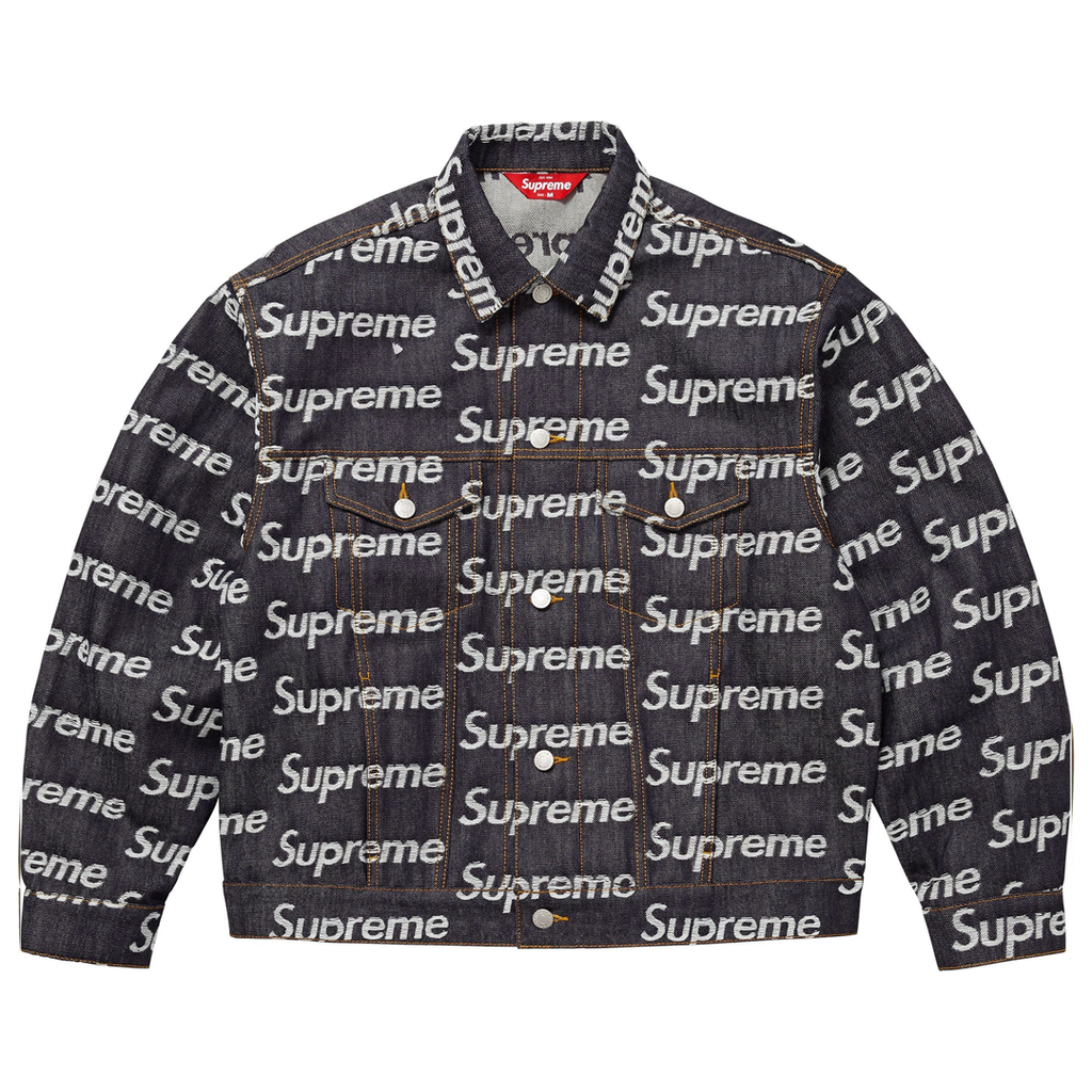 Supreme Jacquard Logos Denim Trucker Jacket Rigid Indigo | Kenshi