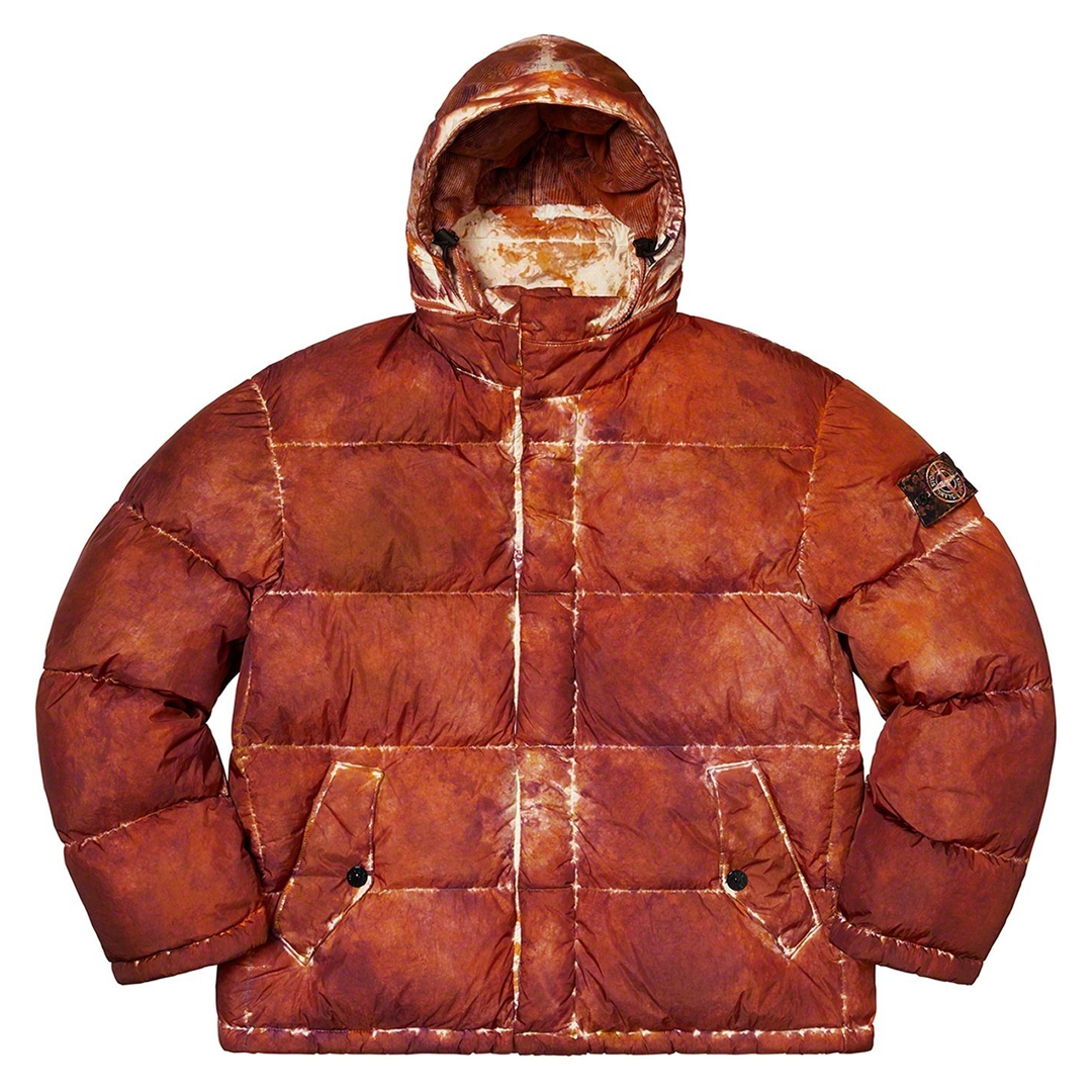 Supreme x Stone Island Painted Camo Crinkle Down Jacket Coral