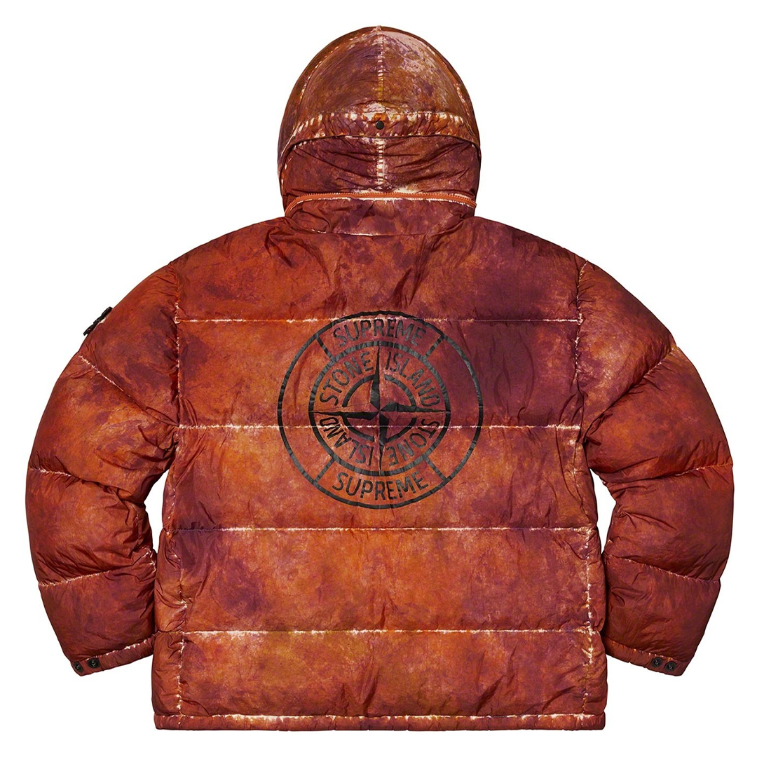 Supreme x Stone Island Painted Camo Crinkle Down Jacket Coral