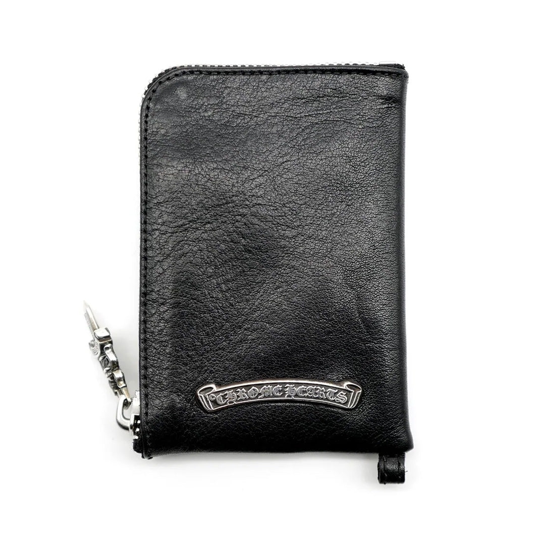 Chrome Hearts Black Leather Cross Patch Silver Scroll Zipper Wallet
