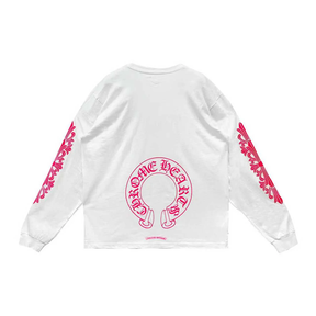 Chrome Hearts Pink Horseshoe Floral Long Sleeve T-Shirt White